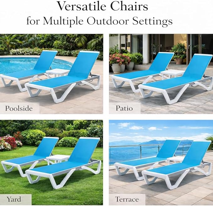 Kozyard Outdoor Chaise Lounge Chair, Full Flat Adjustable Patio Lounger with Aluminum Frame & Resin Legs, Textilene Fabric for Poolside, Backyard & Beach (Aqua/WhiteFrame, Chair + Table)