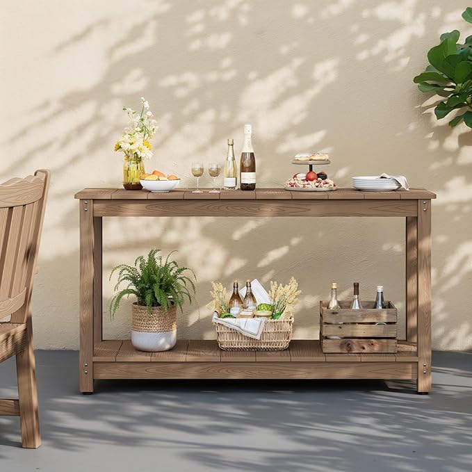 Stoog All-Weather Patio Console Table, 2-Tier Outdoor Table with Adjustable Feet, Never Fade or Rot, for Backyard, Deck, Entryway, and Garden, Teak