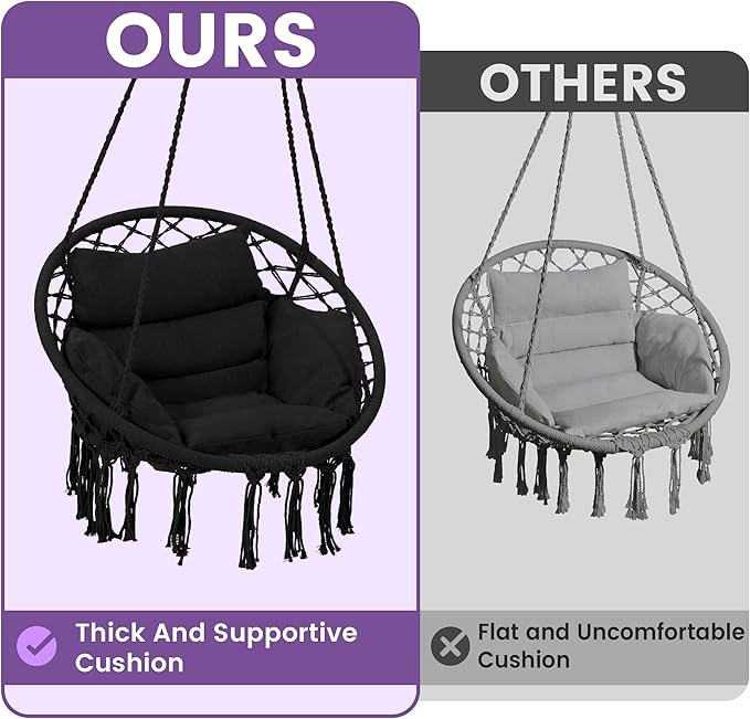 Macrame Hammock Hanging Swinging Chair with Medium Cushion, Perfect for Bedroom, Porch, Adults, Balcony, Black