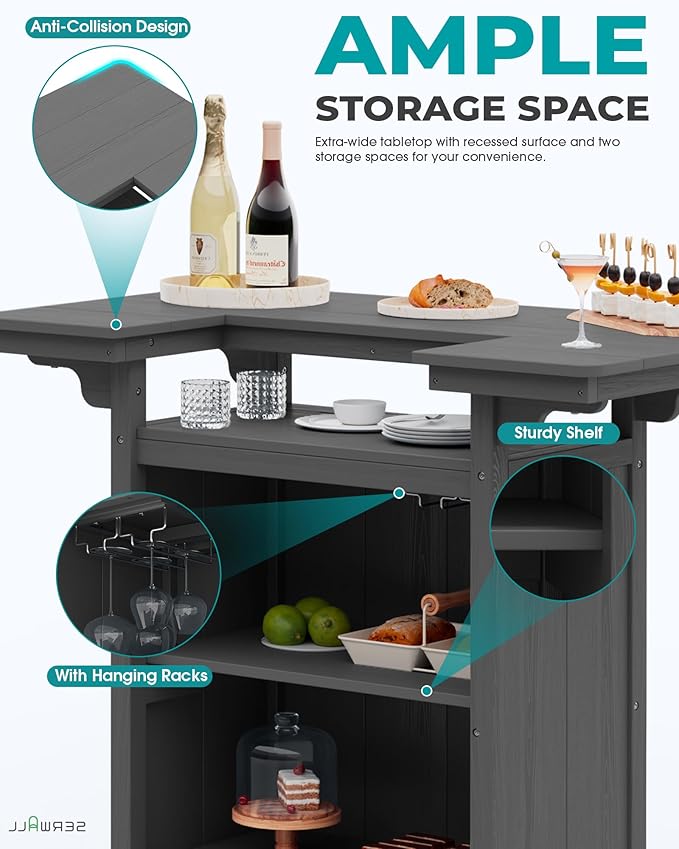 SERWALL Outdoor Bar Table Set (1 Table with 2 Chairs) – HDPE Grey Patio Bar Cabinet with 4-Tier Storage & Spacious Tabletop, Perfect for Outdoor, Poolside, Backyard