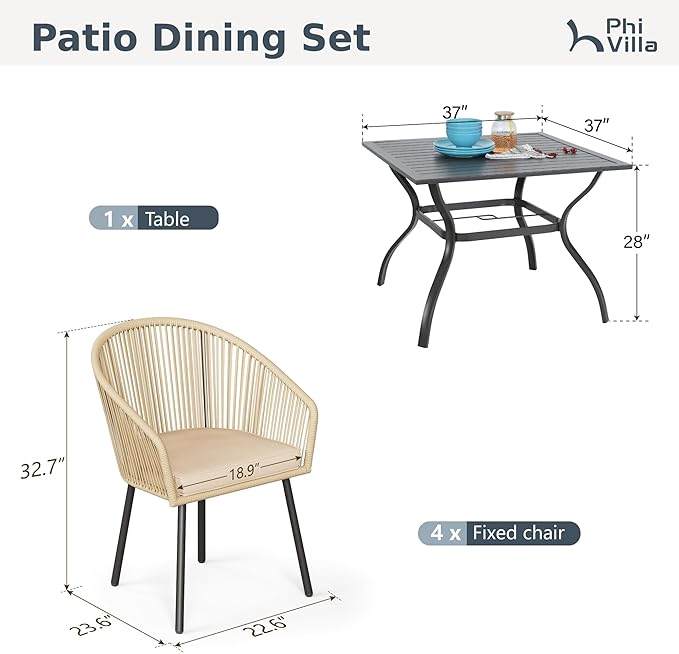 PHI VILLA 5 Piece Outdoor Dining Set for 4, 37" Square Metal Wrought Iron Table with Umbrella Hole & Brown Wicker Chairs with Cushions, Modern Outside Furniture for Patio, Deck, Backyard, Porch