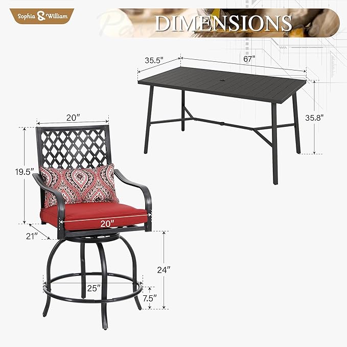 Sophia & William 7-Piece Outdoor Bar Set, Bar Height Patio Table and Chairs for 6, 6 Outdoor Swivel Bar Stools with Red Cushion and 1 Rectangular Bar Height Table