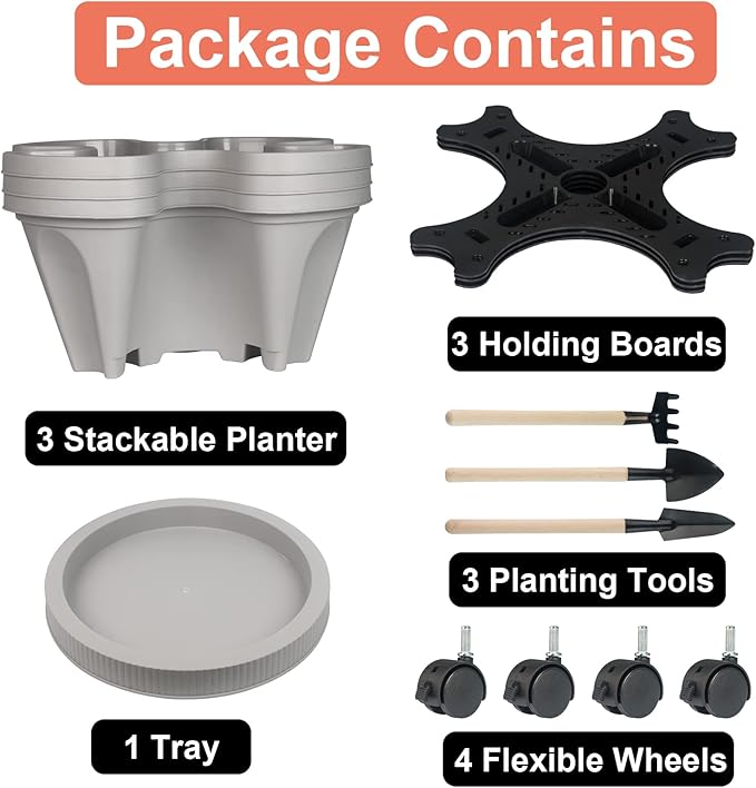 DUNCHATY Stackable Planter, Vertical Garden Planter with Wheels and Tools, Self Watering Strawberry Planter Indoor/Outdoor 3 Tier Herb Planter Pots for Growing Vegetables and Succulents,Gray