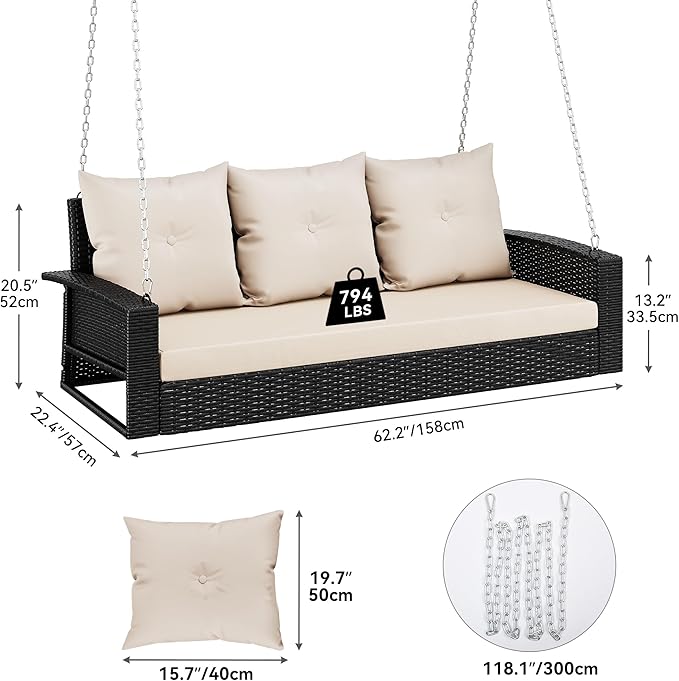 YITAHOME 3-Seats Hanging Porch Swing Chair Outdoor Black Rattan Patio Swing Wicker Swing Lounge 3 Back Cushions Capacity for Garden, Balcony, Deck
