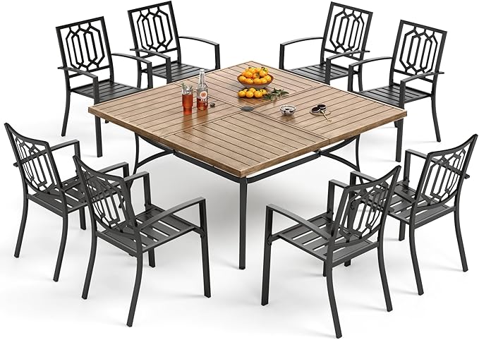 PHI VILLA 9 Pieces Outdoor Dining Set for 8, 60" Brown Square Iron Table with Umbrella Hole & Stackable Black Metal Steel Chairs, Large Outside Furniture Set for Patio, Deck, Yard, Porch