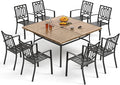 PHI VILLA 9 Pieces Outdoor Dining Set for 8, 60" Brown Square Iron Table with Umbrella Hole & Stackable Black Metal Steel Chairs, Large Outside Furniture Set for Patio, Deck, Yard, Porch