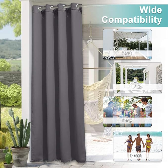 NICETOWN Patio Outdoor Curtain 140" Extra Wide Waterproof for Porch, Grommet Vertical Blinds Thermal Insulated Blackout Divider Drape for Outside Balcony/Lounge, Grey, 1 Panel, 108" Long