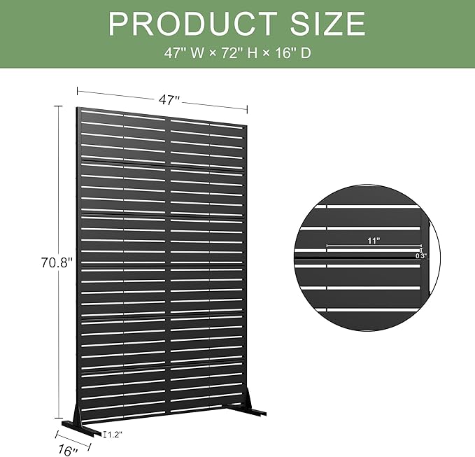 Casaphoria Metal Privacy Screen Outdoor, 72" H x 47" W Freestanding Decorative Privacy Screen for Patio Deck Balcony Garden with Stable Base, Louvered Black