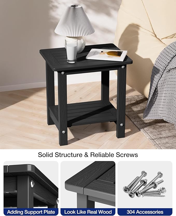 YEFU Outdoor Side Table for Patio: 16" HIPS Weather - Resistant Adirondack Tables Set of 2 - Small Square End Tables for Backyard Pool Porch Balcony - Indoor Outdoor Double Layer Table Black