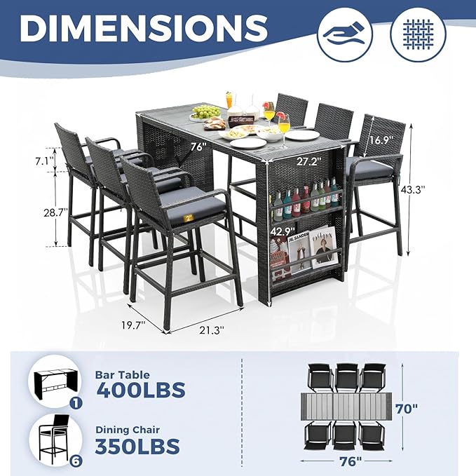 NICESOUL 7-Piece Outdoor Patio Bar Set, Wicker High Top Table with 6 Cushioned Chairs and Hidden Double Storage Shelves, Rattan Counter Bar Height Dining Set for Backyard, Garden, Poolside, Gray