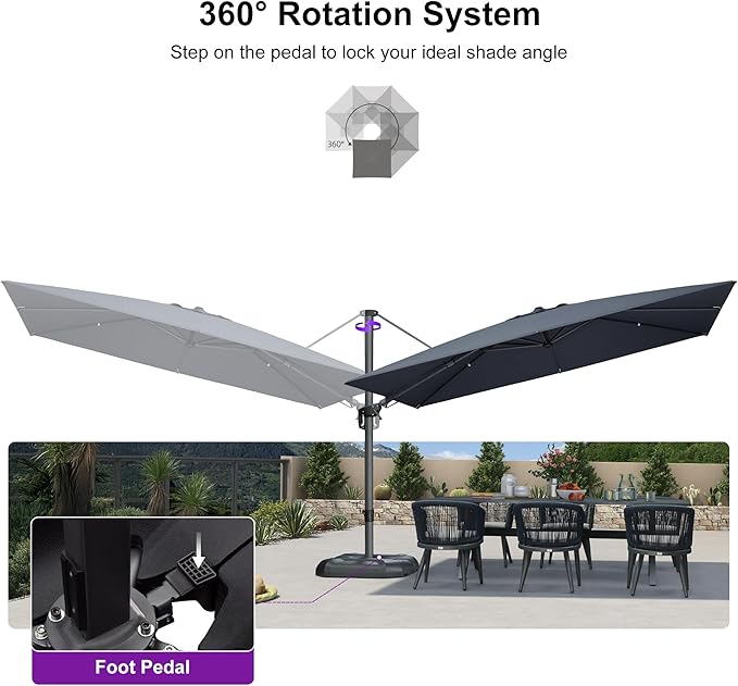 PURPLE LEAF 11.5' X 8.2' Tilting Patio Umbrella with Base Outdoor Cantilever Swivel Rectangle Umbrella Aluminum Offset Umbrella with 360-degree Rotation for Garden Deck Pool Patio Grey
