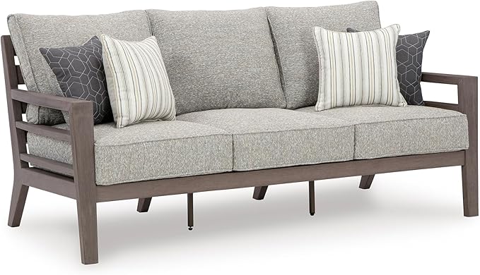 Signature Design by Ashley Hillside Barn Contemporary Nuvella Weather Resistant Fabric Outdoor Sofa with Cushion and 4 Throw Pillows, Light Brown & Light Gray