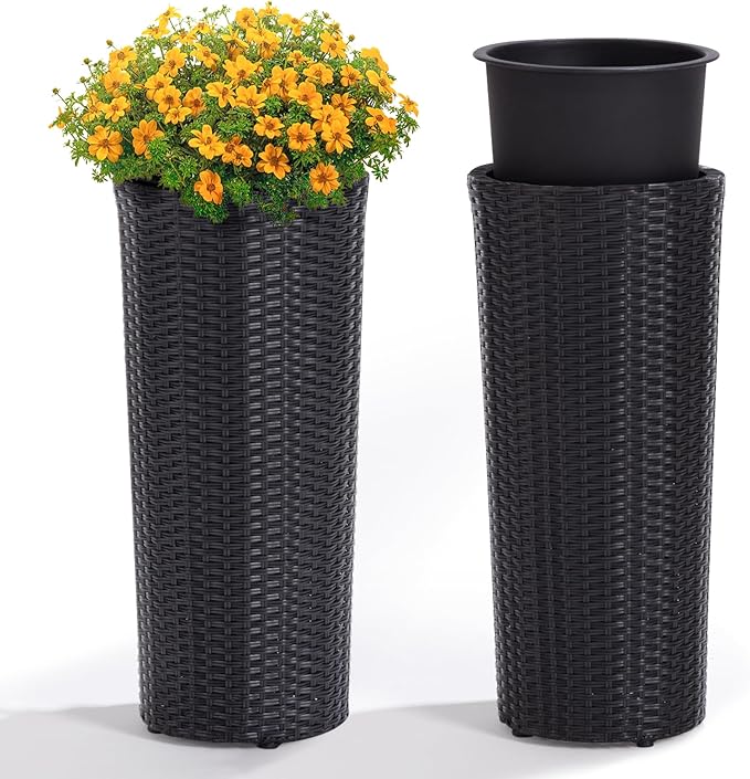 Idzo All Weather Wicker Planters for Outdoor Plants Set of 2, 24 inch Tall Black Planter for Front Porch, Patio, Balcony, Indoor Usage - Round Rattan Flower Pots