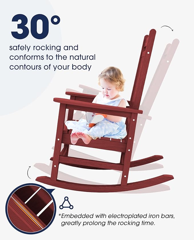 KINGYES Oversized Outdoor Rocking Chair, All-Weather Patio Rocking Chairs for Porch, HDPE Outdoor Patio Rockers with High Back & Wide Seat for Garden, Lawn, Red