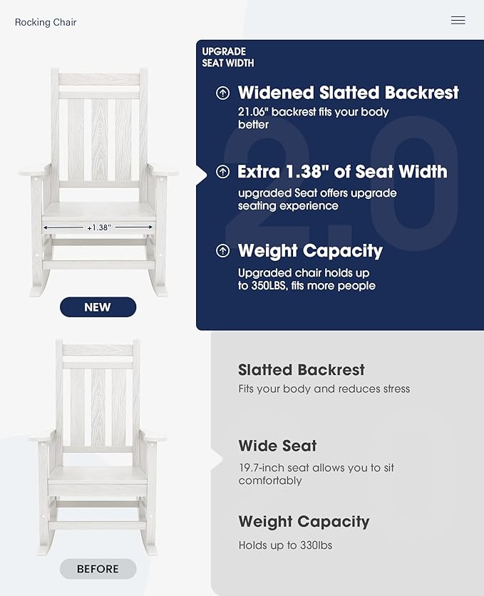 KINGYES Oversized Outdoor Rocking Chair Set of 2, All-Weather Patio Rocking Chairs for Porch, HDPE Outdoor Patio Rockers with High Back & Wide Seat for Garden, Lawn, White