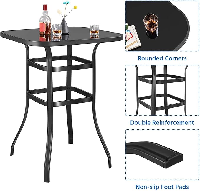 Yaheetech Patio Bar Table Tempered Glass, Height High Top Outdoor Pub Height Bistro Square Glass Side Table for Balcony Backyard Poolside, Black