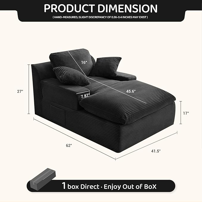 63" Chaise Lounge Chair Indoor, Set of Convertible Sleeper Sofa Couch with Throw Pillows & Side Pockets, Corduroy Upholstered Oversized Sofa Bed with Armrests for Living Room Bedroom, Black