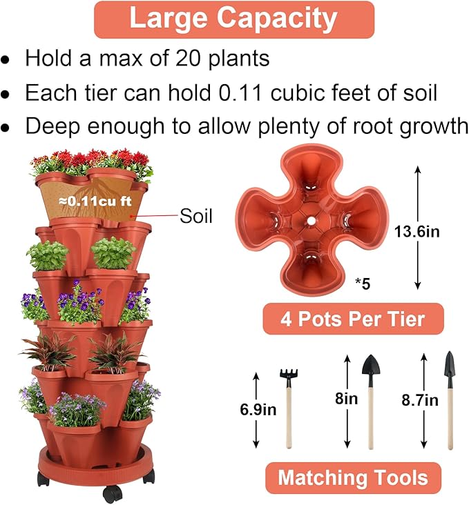 GameXcel Vertical Planter 6 Tier Stackable Planters Garden Planters Strawberry Herb Flower and Vegetable Planter Indoor Outdoor Gardening Pots with Removable Wheels and Tools 2-Pack