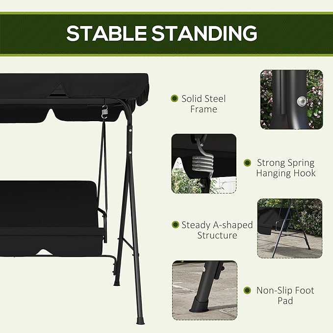 Outsunny 3-Seat Outdoor Patio Swing Chair with Removable Cushion, Steel Frame Stand and Adjustable Tilt Canopy for Patio, Garden, Poolside, Balcony, Backyard, Black 2