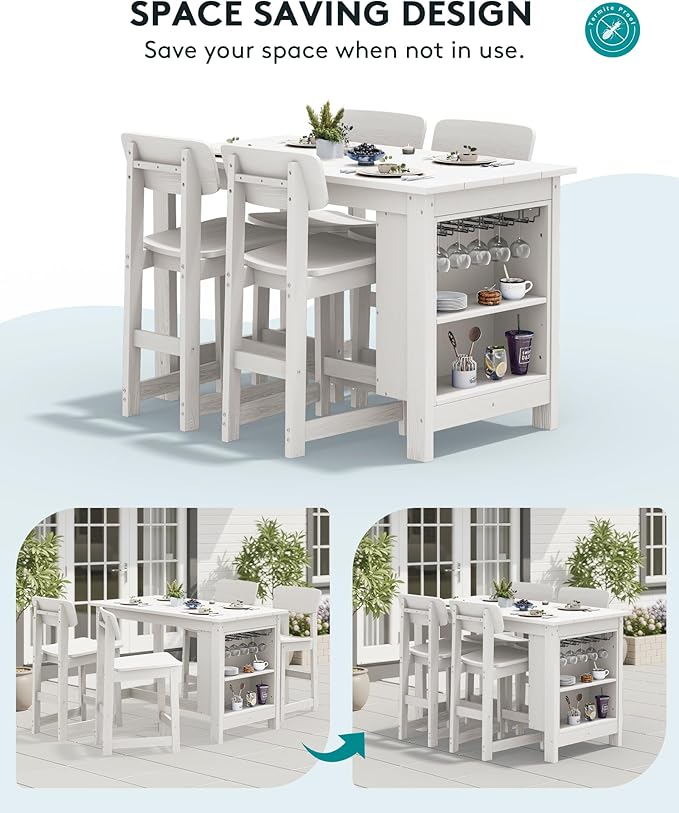SERWALL 3-Piece Outdoor Counter Height Bar Set, HDPE Patio Bar Table with Wine Rack & Storage Shelf, 2 All-Weather Bar Stools, Patio Bar Dining Furniture Set for 3, White