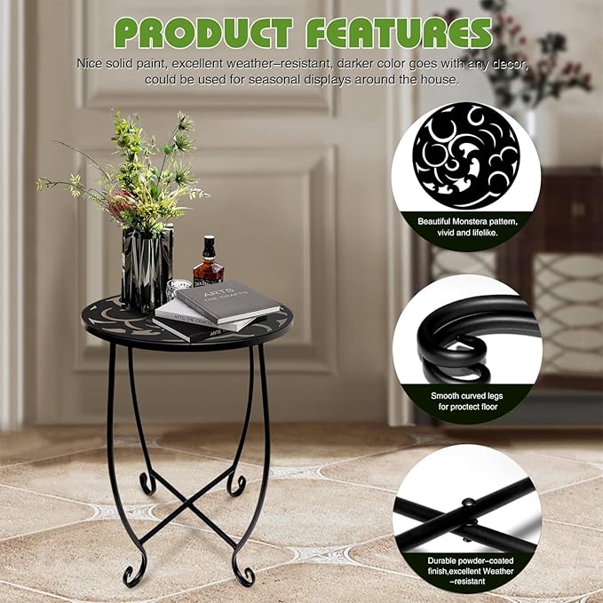 2 Pack 15 Inch Tall Plant Stands Outdoor Indoor, Metal Side Tables for Patio, Weather Resistant Flower Pot Racks with Swirl Pattern, Black End Table Set for Garden Balcony