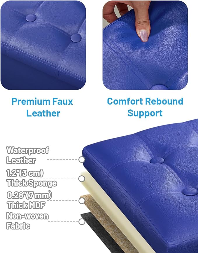 AmasSmile Storage Ottoman Foot Rest Stool, 17 inch Folding Leather Footstool Bench, Short Ottoman Stool, Blue Storage Foot Rest Store, Books