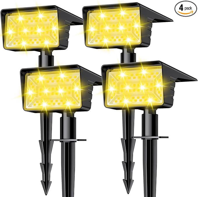 Solar Spot Lights Outdoor with 60 LED & Auto On/Off, 4 Pack Solar Lights Outdoor Waterproof IP68 with 3 Lighting Modes, 2-in-1 Solars Landscape Light for Outside, Garden, Yard(Warm White)