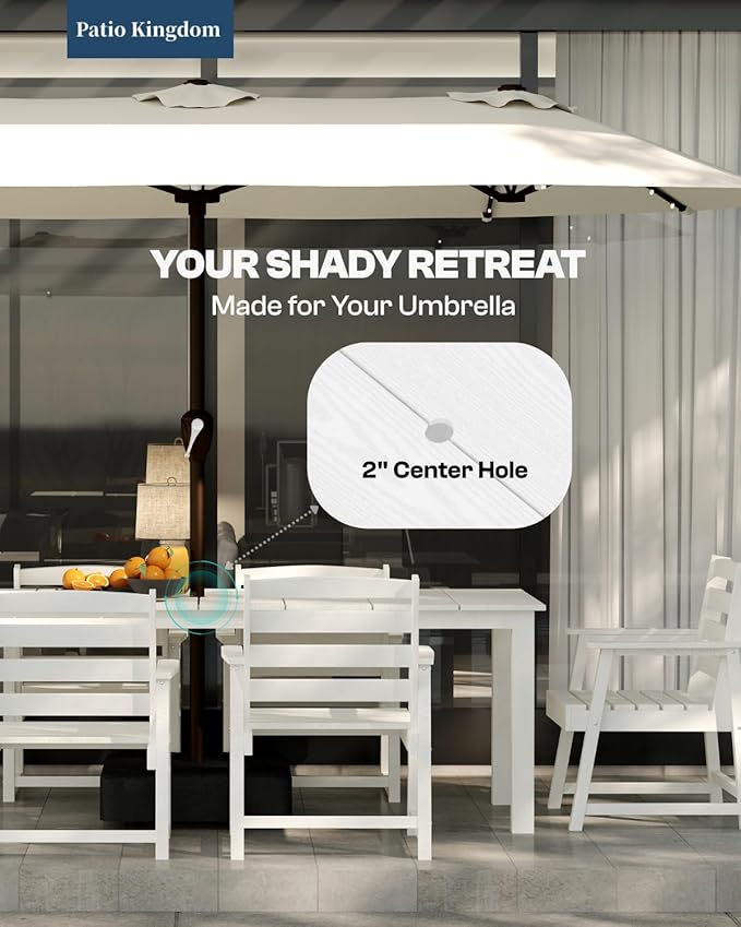 5-Piece White Outdoor Dining Set with White 11FT Large Patio Umbrella, 75.2'' HDPE Table & Chairs for 8, Weather-Resistant Furniture with Umbrella Hole for Patio, Lawn, Poolside