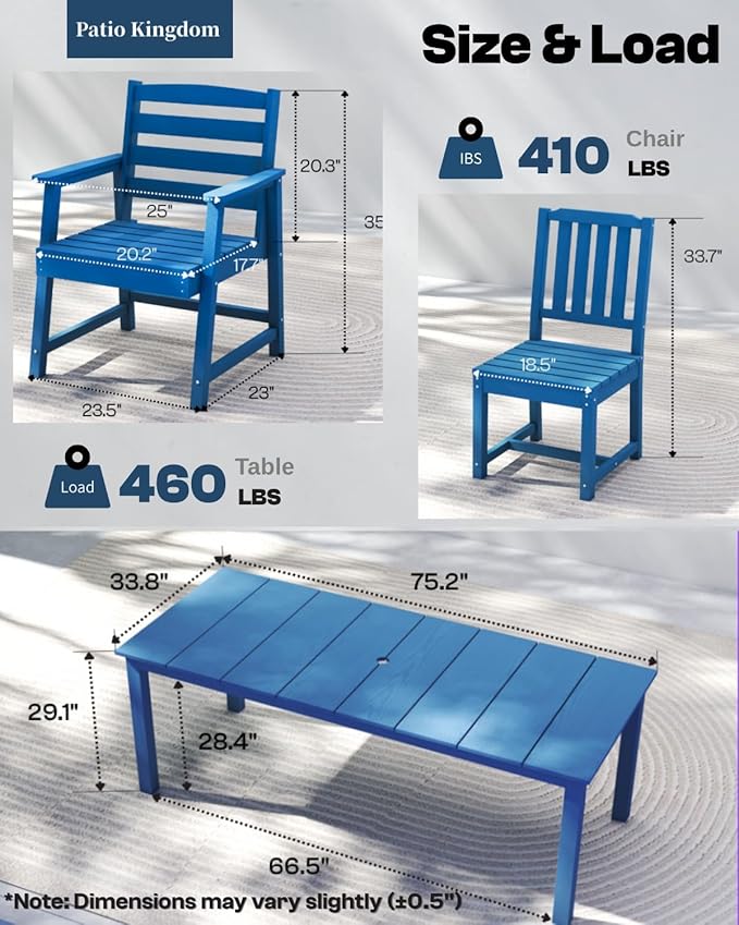 5-Piece Navy Blue Outdoor Dining Set with White 11FT Large Patio Umbrella, 75.2'' HDPE Table & Chairs for 8, Weather-Resistant Furniture with Umbrella Hole for Patio, Lawn, Poolside