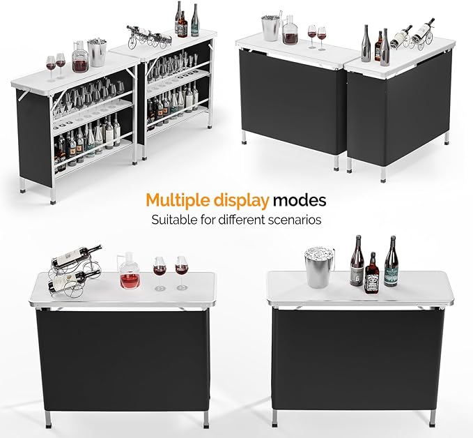 VINGLI 43" Portable Bar Table with Pole, 3-Tier Shelves, Mobile Bar Table for Events, Party, Camping, Picnic, Tradeshow, Indoor with Black Skirt