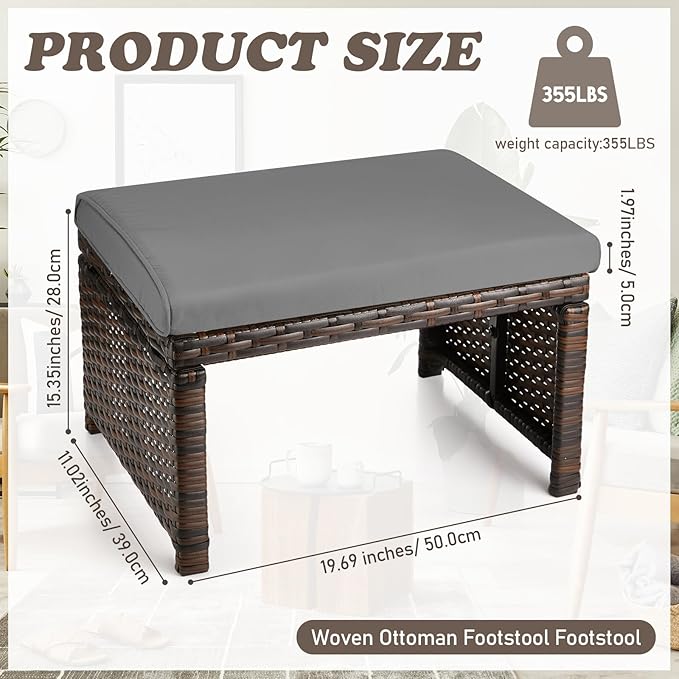 2 Pcs Patio Rattan Ottomans Outdoor Wicker Ottomans Patio Footstool Footrest with Removable Cushion Soft Zippered Cushions Function Footstool Seat Table for Backyard Balcony Poolside(Gray, Black)