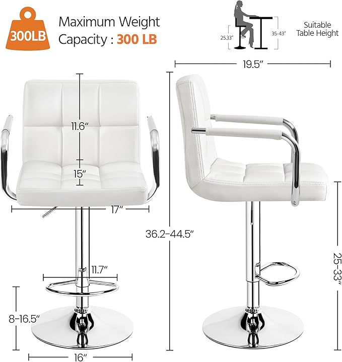 Yaheetech Bar Stools, PU Leather Adjustable Swivel Barstools, Hydraulic Kitchen Counter Height Bar Chairs with Armrest and Back for Bar, Kitchen, Dining Room, White