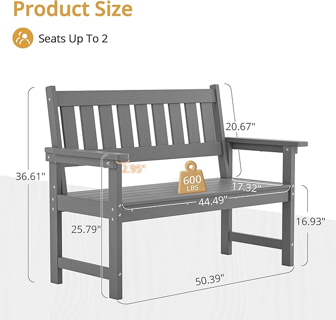 LUE BONA Outdoor Bench, 2-Person HDPS Garden Bench, Outdoor Benches Weatherproof, All-Weather Fade/Rot Resistant Patio Bench for Park, Front Porch, Backyard (Dark Gray)