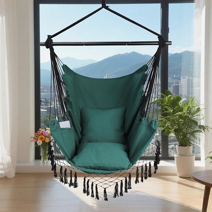 Hammock Chair Hanging Rope Swing Chair,Max 450 Lbs, Large Hanging Chair with Pocket, 2 Cushions, Removable Steel Bar, Hardware Kit Included, Superior Comfort for Indoor Outdoor (Dark Green)