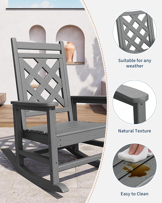 GarveeLife Outdoor Rocking Chair Set of 6, HDPE Weather Resistant Patio Rocking Chair Porch Rocker with Wood Texture & 380 LBS Support for Deck, Pool, Backyard, Gray