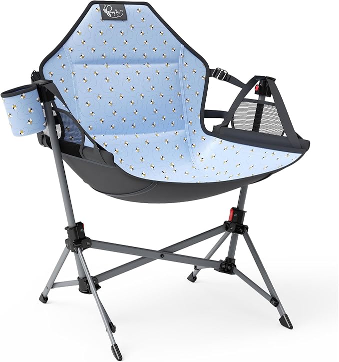 BusyBee Hammock Camping Chairs for Kids, Folding Kids Chair with Stand, Child Camping Gear, Hammock Swing Chair with Cup Holder & Carrying Bag for Outdoor, Lawn, Hiking, Indoor, Supports 125 LBS, Blue