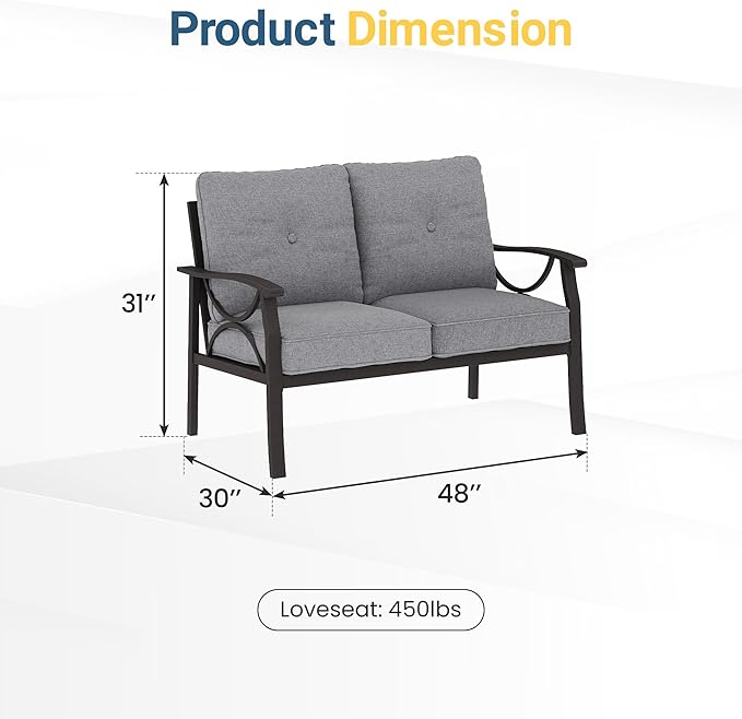 RoyalCraft 2-Pieces Outdoor Patio Furniture Set, Outdoor Metal Sectional Furniture with Cushions, Outdoor Conversation Set with Coffee Table for Backyard, Garden, Balcony, Deck, Grey