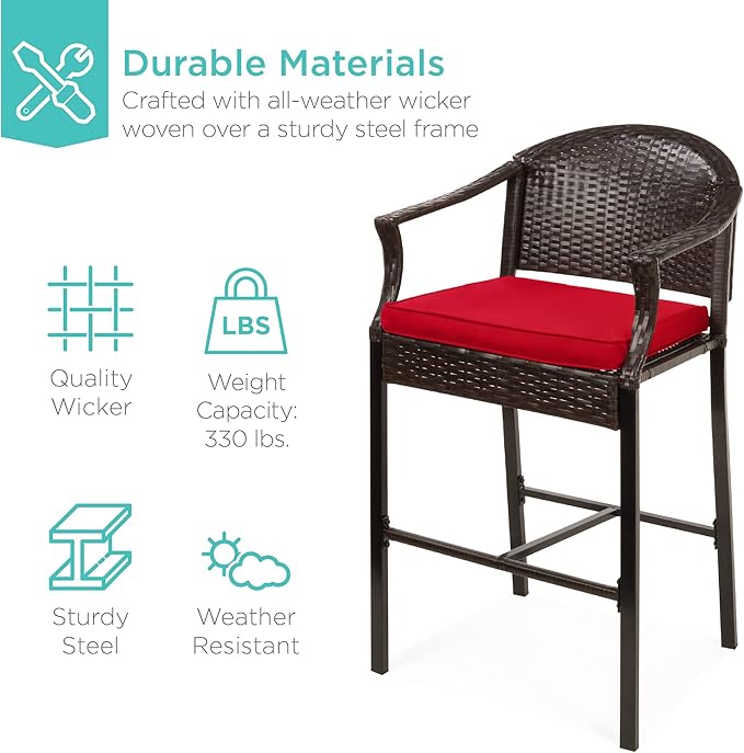 Best Choice Products 3-Piece Patio Bar Table Set, Outdoor Wicker Bar Height Bistro Furniture for Backyard, Poolside, Balcony w/Barstools, Cushions, Steel Frame – Brown/Red