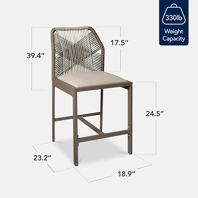 Best Choice Products Indoor Outdoor Counter Height Bar Stools Set of 2, Armless Kitchen Counter Stools w/Back and Footrest, Built-in Cushion, Aluminum Frame - Taupe/Sandstorm