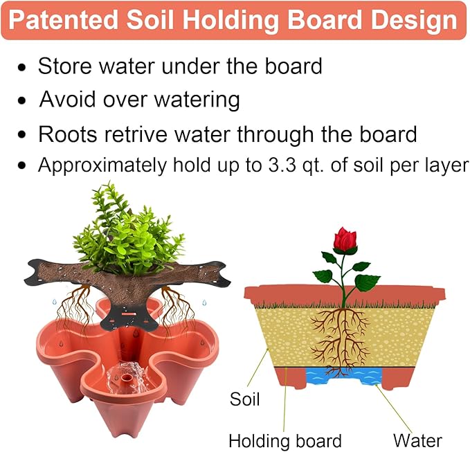 DUNCHATY Stackable Planters 3 Tier Vertical Garden Planting Tower Planters Strawberry, Herb, Flower, and Vegetable Planter Indoor Outdoor Gardening Pots with Removable Wheels and Tools