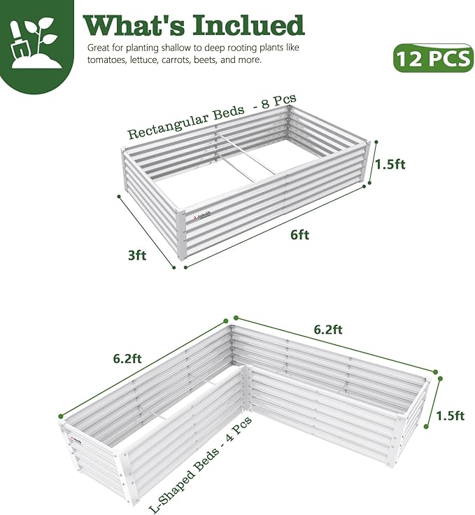 A ANLEOLIFE Set of 12, 18 Inch Tall Raised Garden Beds Kit, Rectangular & L-Shaped Combo Metal Planters – Ideal for Backyard DIY Creative Layouts, Antique White