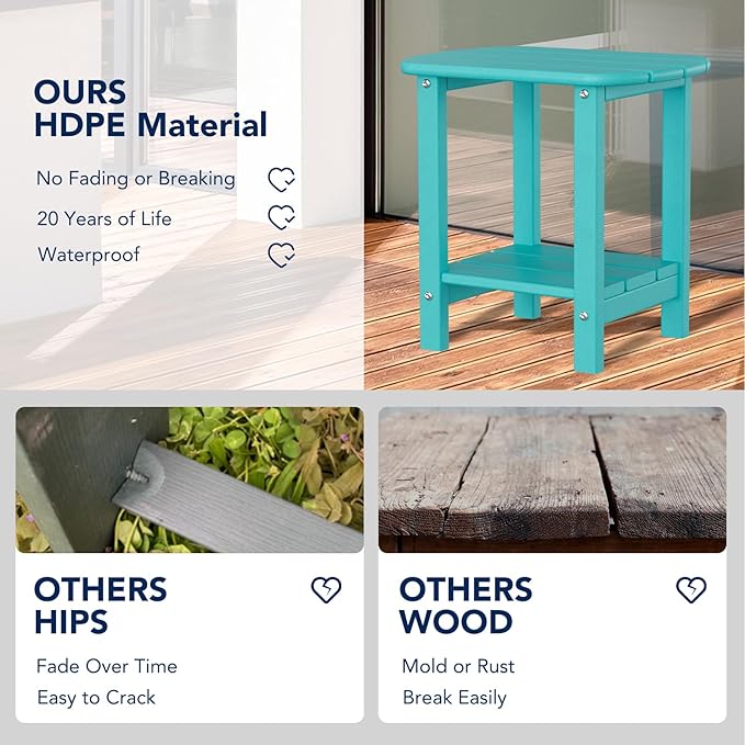 nalone Adirondack Side Table 16.5" Outdoor Side Table HDPE Plastic Double Adirondack End Table Small Table for Patio (Aruba)