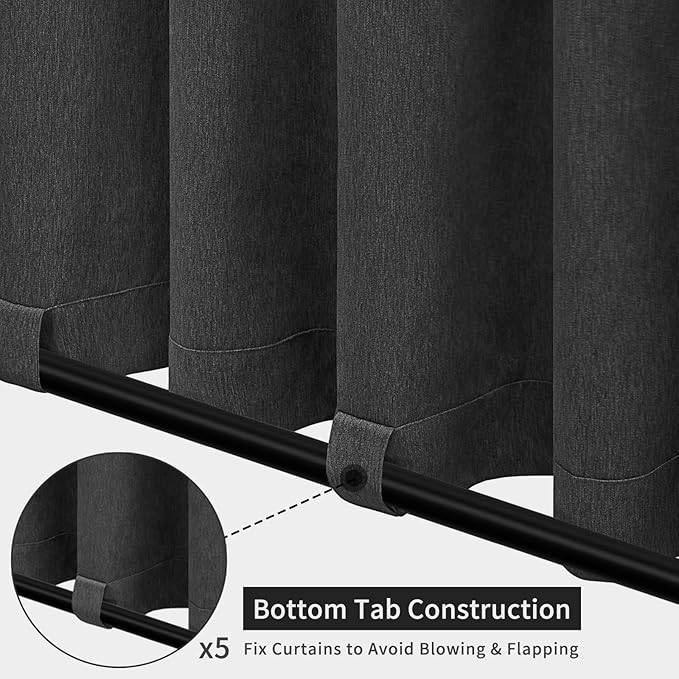 Easy-Going Linen Look Outdoor Curtains Waterproof Windproof Porch Curtains, Soft Thicken Outdoor Privacy Curtains for Patio, Gazebo, Grommet Top and Tab Bottom Drape, 1 Panel, 110x108 inch, Black