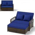 RELAX4LIFE Wicker Patio Outdoor Daybed - Rattan Sunbed Loveseat Sofa Set w/4-Level Adjustable Back, Cushions & Pillows, Storage Ottoman, 2-Person Bed Lounger for Backyard Porch, Patio Daybed (Navy)