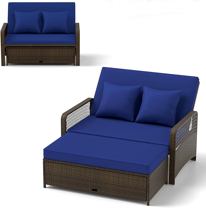 RELAX4LIFE Wicker Patio Outdoor Daybed - Rattan Sunbed Loveseat Sofa Set w/4-Level Adjustable Back, Cushions & Pillows, Storage Ottoman, 2-Person Bed Lounger for Backyard Porch, Patio Daybed (Navy)