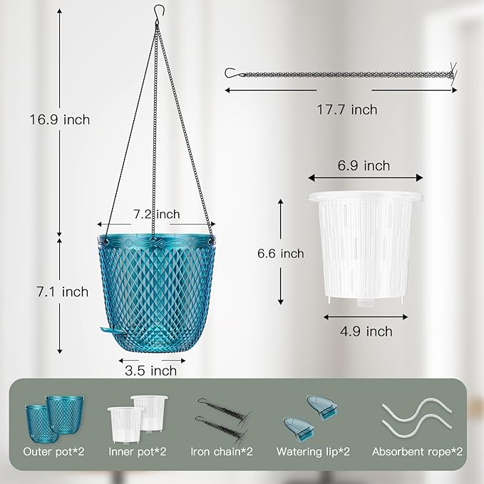 QCQHDU Self Watering Hanging Pots, 2 Pack 7.2 Inch Hanging Planters for Plants Indoor, Outdoor Plant Hanger Flower Pots with Drainage Holes and 3 Hooks Chains for Garden Home (Klein Blue)