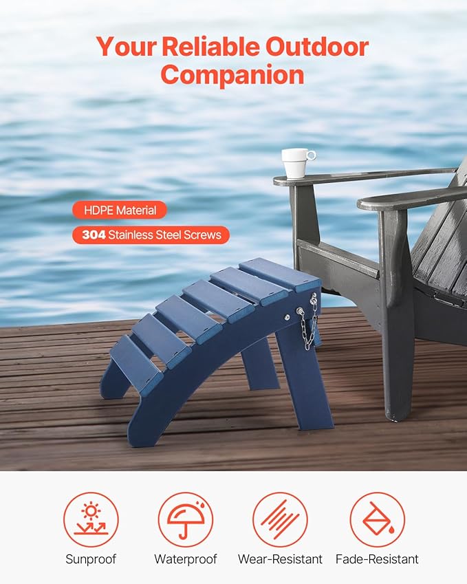 VEVOR Adirondack Ottoman Set of 2, 18.7L x 18.9W x 13.8H Inch HDPE Plastic Folding Adirondack Ottoman, Weather-Resistant Foot Rest for Adirondack Chair, Used for Outside Porch Pool Lawn Backyard, Blue