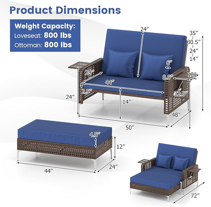 Tangkula Patio Rattan Daybed with 4-Level Adjustable Backrest, Boho Outdoor Wicker Loveseat & Storage Ottoman with Cushion, 2-Person Sun Lounger with Folding Tables for Poolside, Backyard & Garden