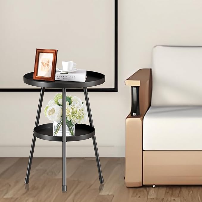 SYQ Round Metal Side Table Small End Table for Indoor Outdoor, Mid Century Modern Decor, Simple Circle Accent Table for Living Room Bedroom Bathroom Office All Matte Black