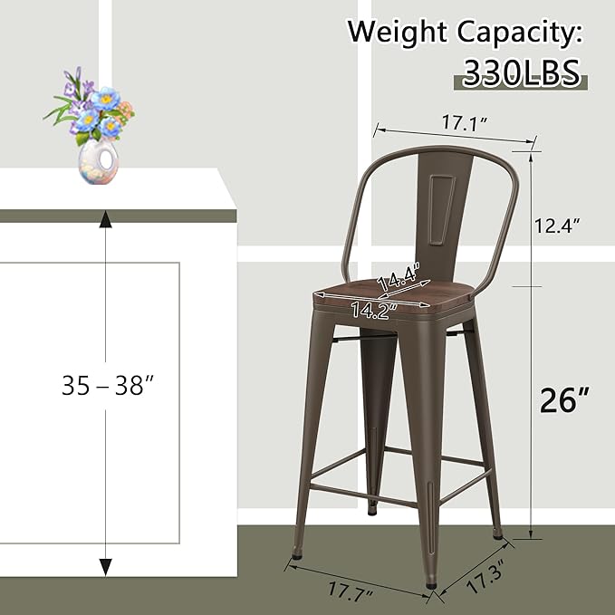 Yongqiang 26 inch Bar Stools Set of 4 Kitchen Counter Height Bar Chairs Modern Farmhouse High Back Metal Barstools with Large Wooden Seat Rusty